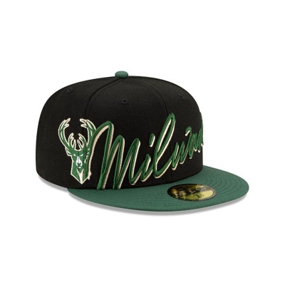 Black Milwaukee Bucks Hat - New Era NBA Cursive 59FIFTY Fitted Caps USA3820751